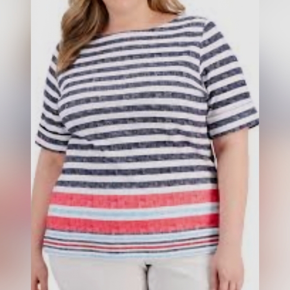 Karen Scott Striped Top with Red and Navy - Picture 1 of 5